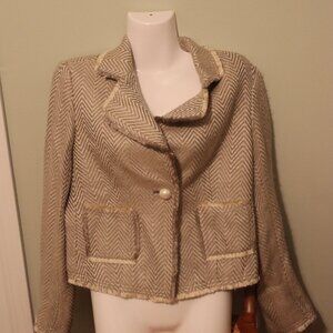 Pierre Cardin Herringbone Cropped Blazer with Tailored Fit Frayed Edges  Size 8
